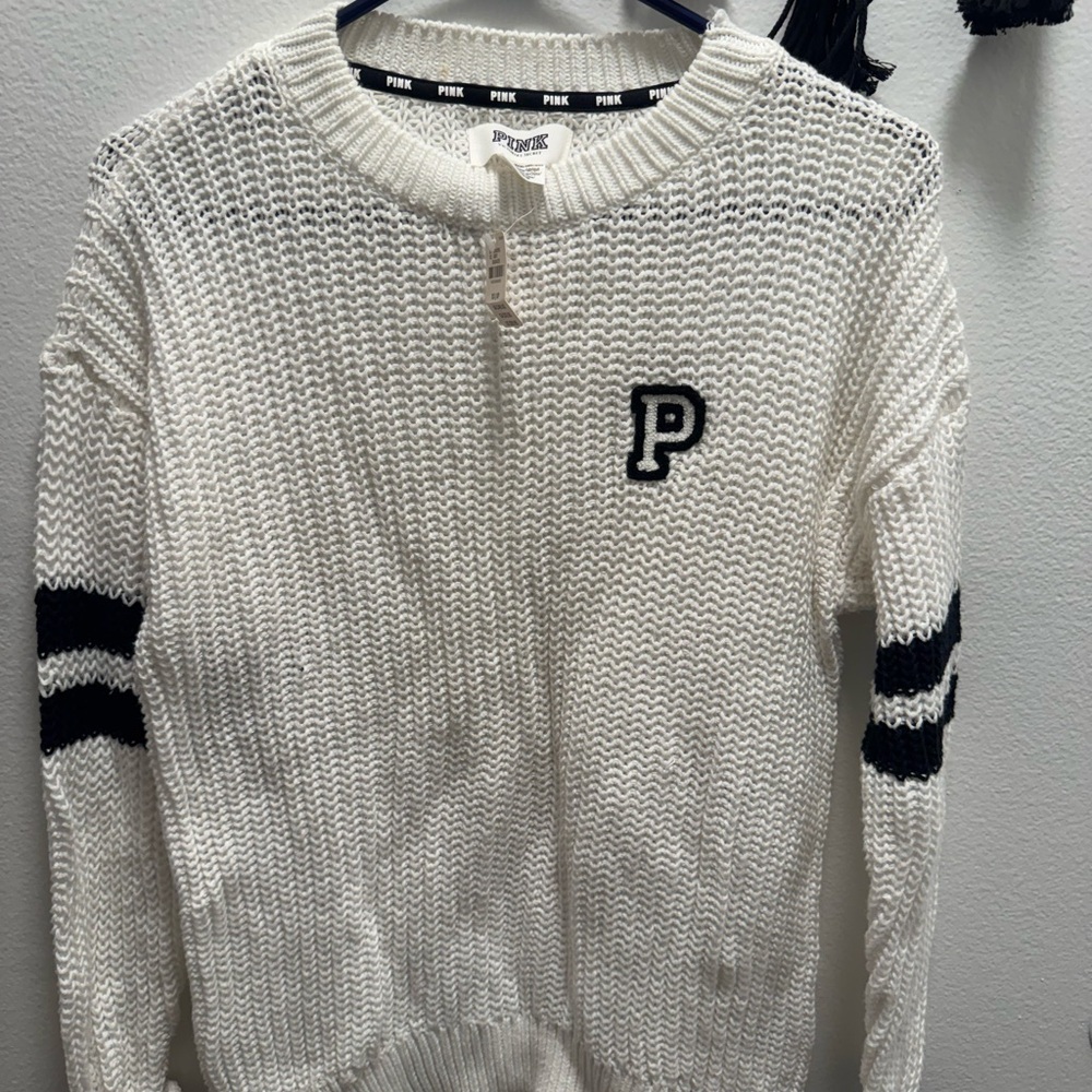 PINK Victoria's Secret White Knit Crewneck Sweater with Black Stripes